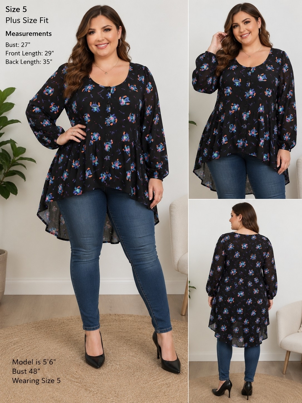 Disney Stitch High Low Peplum Blouse Black Print Women's Size 5 or 26W